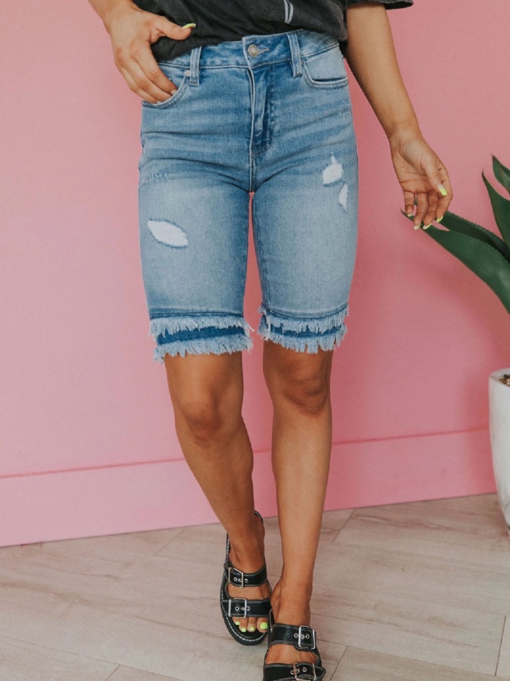 KanCan Light Blue Frayed Hem Bermuda Shorts